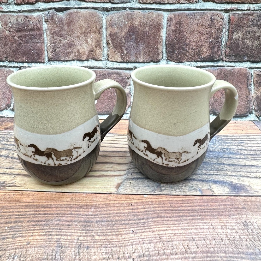 2 Otagiri Stoneware Coffee Mugs Wild Running Horses Cowboycore Vtg Western READ